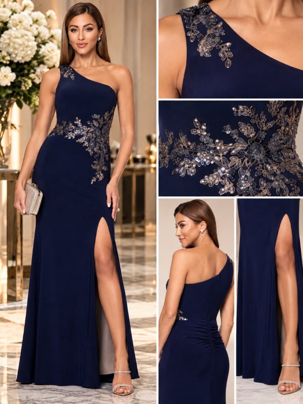 XSCAPE Navy One Shoulder Embellished Formal Gown 10P Petite NWT